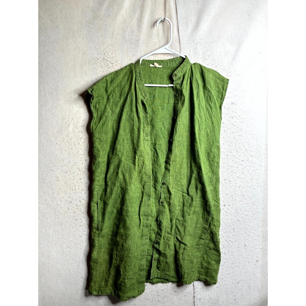 Eileen Fisher Shirt Dress Womens XS Green Organic Linen Sleeveless Button Front